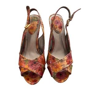 Audrey Brooke Floral Cork Print Slingback Peep Heels Orange Pink 3592276 Sz 8M